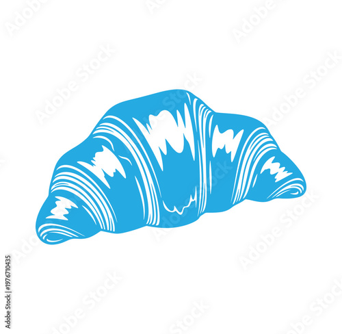 Blue croissant pastry with white stripes on white background