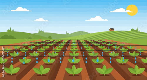 A vibrant illustration of a vast agricultural field with rows of young plants being watered by an irrigation system under a bright blue sky.