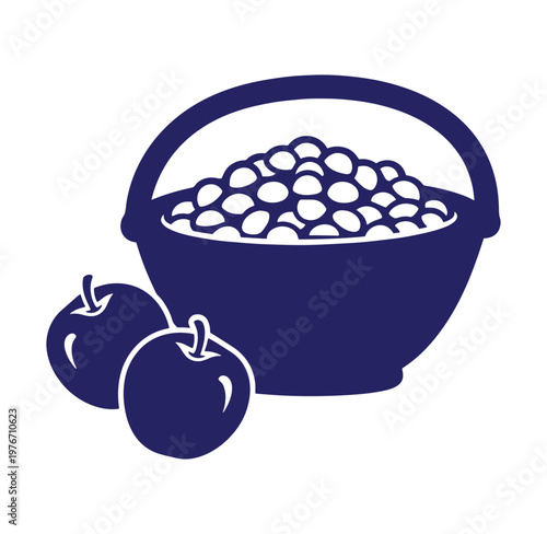 Blue illustration of a basket filled with blueberries and two blueberries beside it on white background