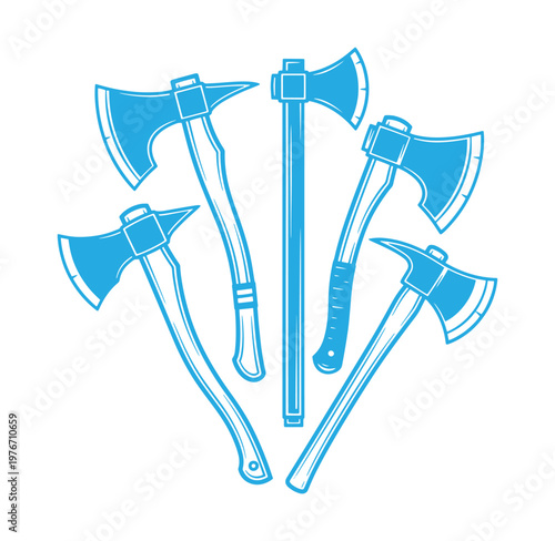 blue illustration of various axes and hatchets on white background