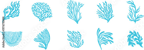 Minimal blue coral silhouettes seamless pattern with abstract ocean reef elements for marine backgrounds. Elegant hand drawn sea life shapes for textile, wallpaper, branding. Modern aquatic design ins