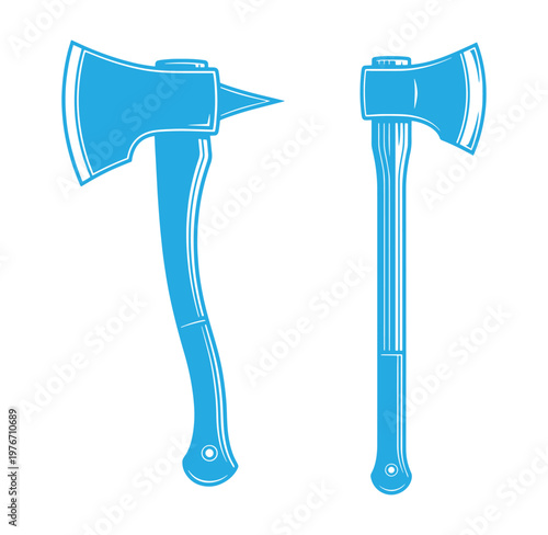 blue illustrations of axe and hatchet with handles and heads