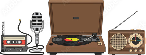 A collection of vintage audio equipment including a cassette player, microphone, record player, and radio.