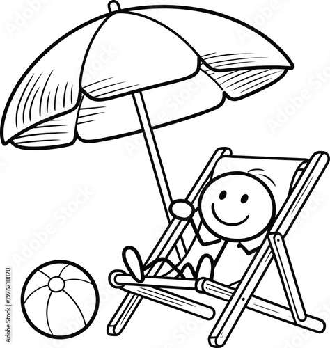 Stick figure sitting on a beach chair under a sun umbrella with a beach ball
