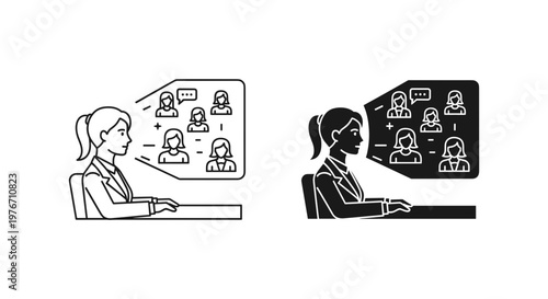 Online video conference vector icons, business woman participating in virtual meeting, remote work and digital collaboration concept illustrations