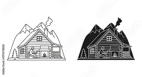 Rustic mountain cabin line art, cozy log hut with fireplace and person working on laptop, winter retreat vector illustration set