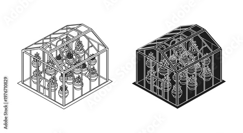 Isometric greenhouse vector icons, glass conservatory with potted plants, black and white garden hothouse illustrations for architectural planning