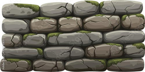 A rustic stone wall with grey and brown rocks, some covered in green moss, showing cracks and natural textures, on a white background.