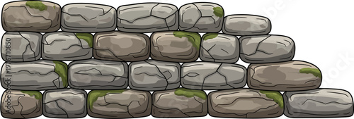 A rustic wall constructed from stacked, rounded grey stones, featuring cracks and patches of green moss, with a stepped profile on the right side.