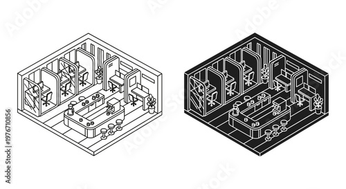 Isometric office interior vector set, modern coworking space with cubicles and meeting area, black and white line art workspace floor plan