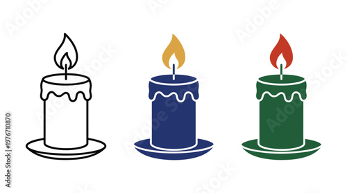 Set of colorful candle icons with melting wax and flame in outline and solid styles.
