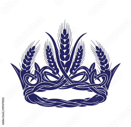 Dark blue crown made of wheat ears and twisted ribbons on white background
