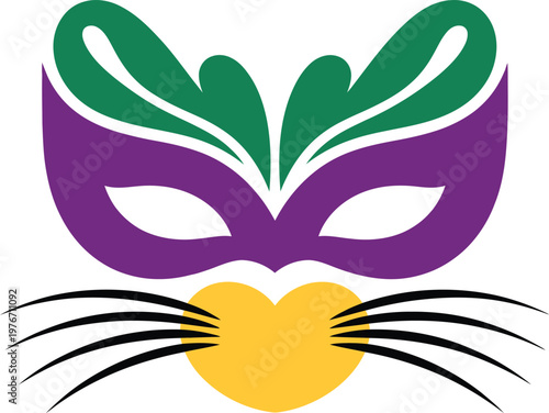 Mardi gras cat mask vector illustration with purple, green, and gold colors