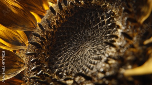 Close-up of a sunflower's intricate center, showcasing textured seeds and vibrant yellow petals