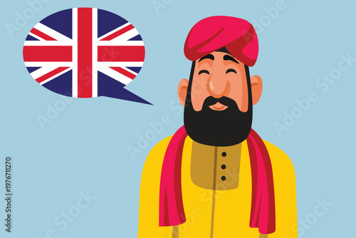 Man in Traditional Indian Clothing Speaking English Vector Cartoon. Confident businessman in traditional attire professional speaker with global communication skills
