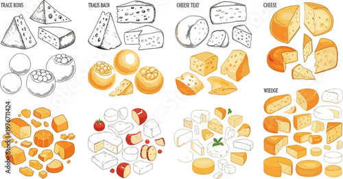 Cheese Illustration Set Featuring Various Types of Cheese such as Cheddar Brie Mozzarella Gouda and Parmesan for Dairy Food Design