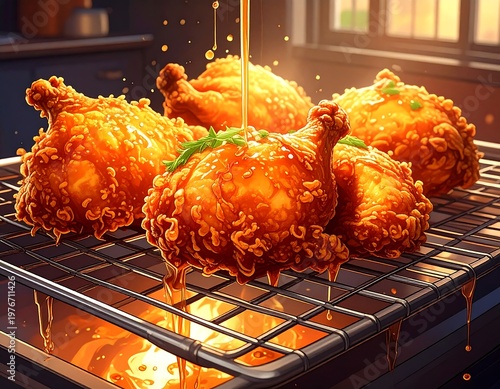 Close-up of golden fried chicken pieces with sauce dripping on wire rack