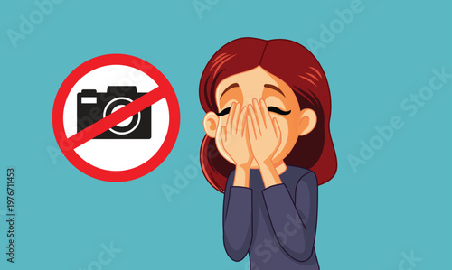 Vector Woman Hides Her Face and Asks Not to Be Photographed. Person texting message networking online on her mobile phone