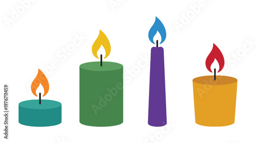 Four colorful lit candles with different heights and vibrant flames on a white background vector.