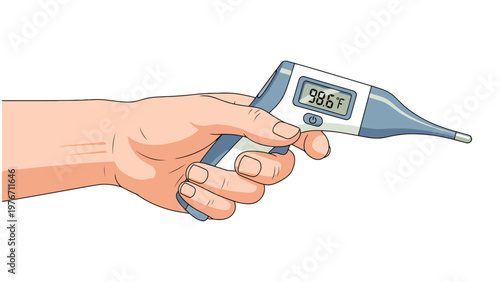 Close-up of a human hand holding a modern digital thermometer displaying a normal body temperature of 98.6 degrees Fahrenheit, symbolizing health and wellness.