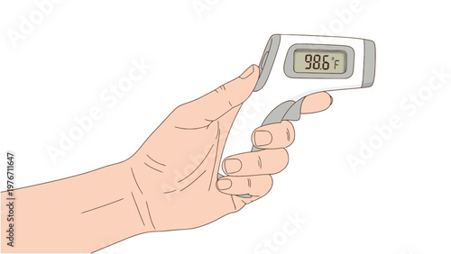 Illustrated human hand holding a modern digital infrared thermometer displaying 98.6°F, symbolizing health check, fever screening, and medical care.
