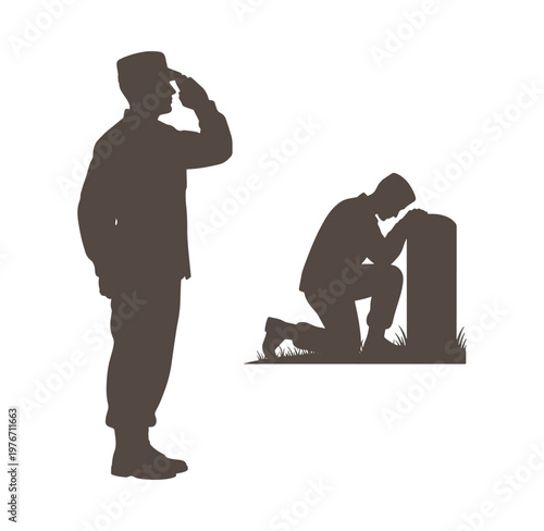 silhouette of two soldiers one saluting and one kneeling at a grave