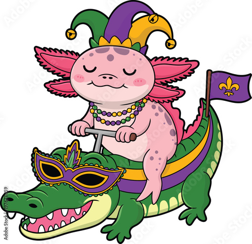 Cute cartoon axolotl riding a mardi gras alligator
