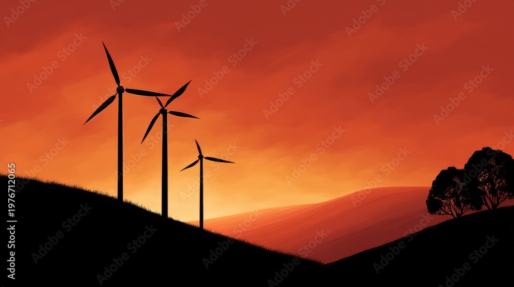 Obraz premium Silhouetted Wind Turbines Against a Vibrant Sunset Sky, Isolated Hills, and Rolling Landscape in Warm Orange and Red Tones