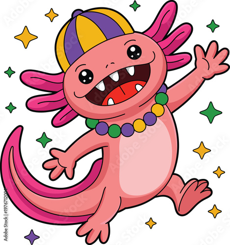 Cute cartoon axolotl character wearing a colorful hat and bead necklace