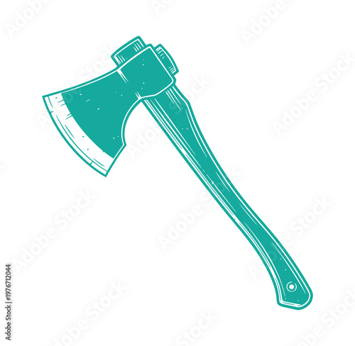 teal colored axe with handle on white background