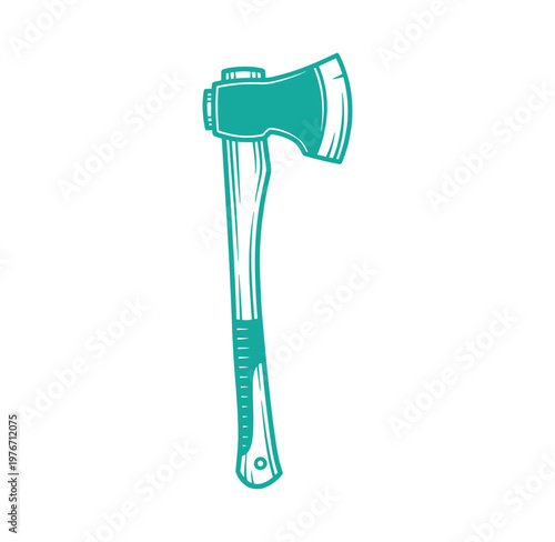 teal colored axe with wooden handle and metal head  isolated on white background