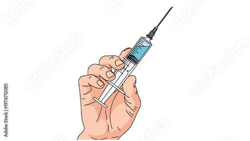 Close-up illustration of a human hand holding a medical syringe filled with blue liquid, ready for injection or vaccination, healthcare concept.