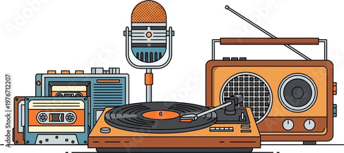 Illustration of various retro audio equipment including a cassette player, turntable, microphone, and radio, representing vintage music and sound technology.