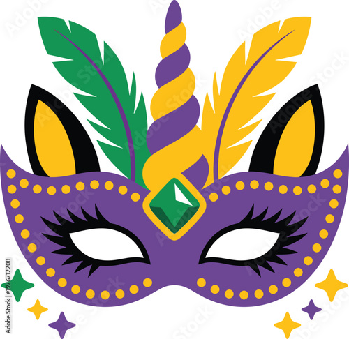 Mardi gras unicorn mask with feathers and horn, festive carnival costume accessory for masquerade party celebration