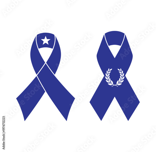 Two blue awareness ribbons with white star and laurel wreath designs on white background