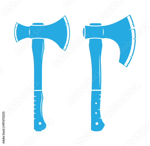 Two blue axe heads with handles on white background  isolated tools