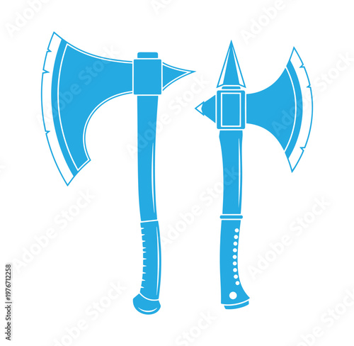 Two blue axes with handles on white background