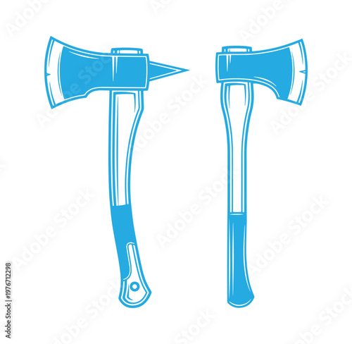 Two blue colored axes with handles on white background