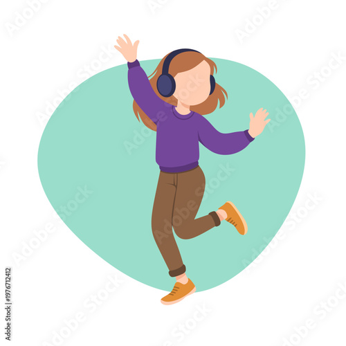 young girl dancing wearing earphone illustration