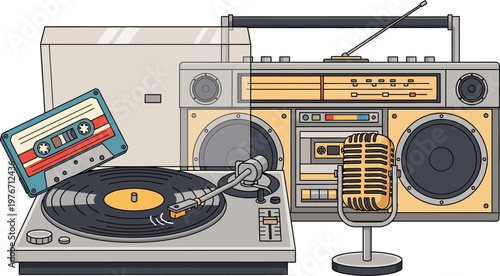 Collection of retro audio equipment including a turntable, cassette tape, boombox, and vintage microphone.