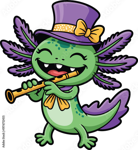 Cartoon axolotl character wearing a purple top hat and playing a wooden flute