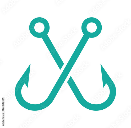 Two crossed fishing hooks in teal color on white background