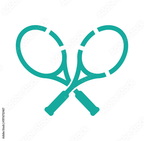 Two crossed teal tennis rackets on white background