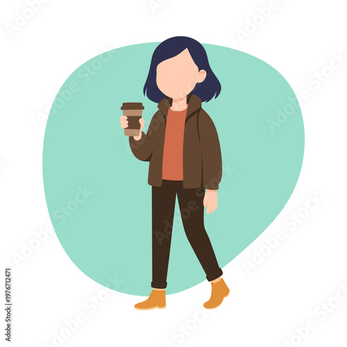 walking young girl hold coffee cup