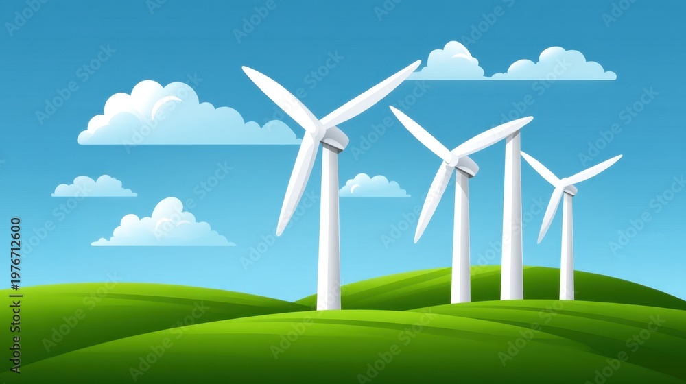 Fototapeta premium Scenic view of modern wind turbines on green hills under a bright blue sky with fluffy clouds depicting renewable energy and sustainable development concept