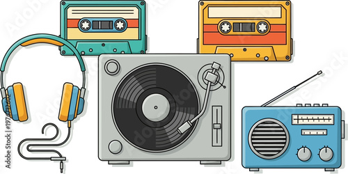 A collection of vintage audio equipment including headphones, cassette tapes, a turntable, and a radio, evoking retro music culture.