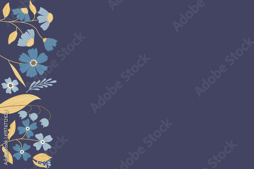 Vintage floral side border illustration with left aligned flowers, botanical decoration on navy blue for web banner, presentation slide, and vertical menu background