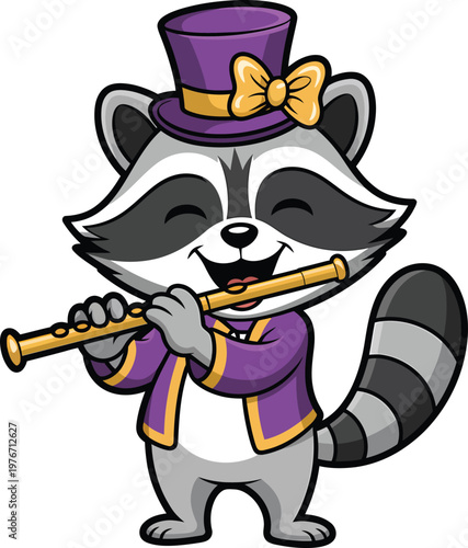 Cute raccoon playing the flute wearing a purple top hat and jacket