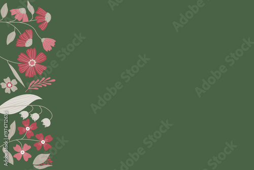 Vintage floral side border illustration with left aligned flowers, botanical decoration on dark green for web banner, presentation slide, and vertical menu background
