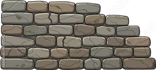 Cartoon illustration of an old, weathered stone wall with cracks and moss, featuring an irregular, stepped top edge on a white background.
